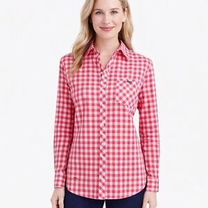 Vineyard Vines Women's 10 Red Pink White Gingham Check Button Down Shirt Cotton